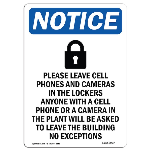 Safety Sign, OSHA Notice, 5" Height, Please Leave Cell Sign With Symbol, Portrait, 10PK